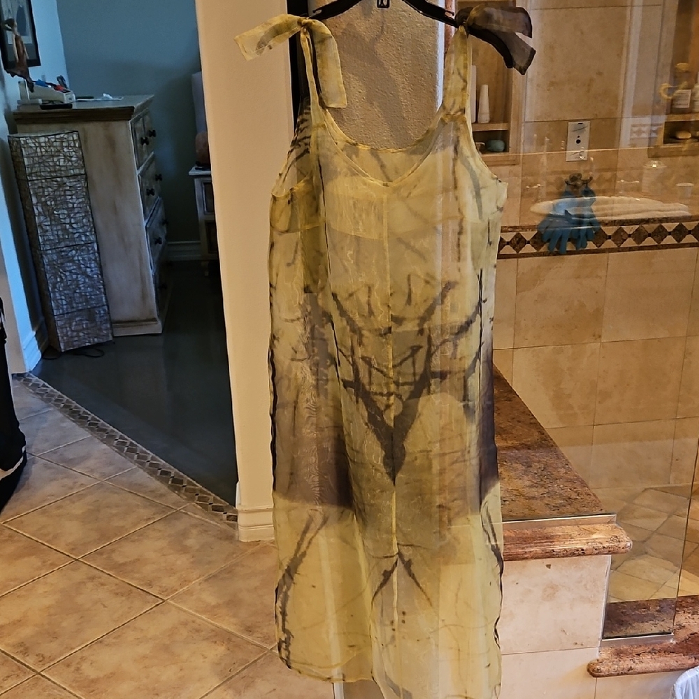 Sheer Yellow & Black Tie-Dye Designer Organza Dress - Statement Piece - OS